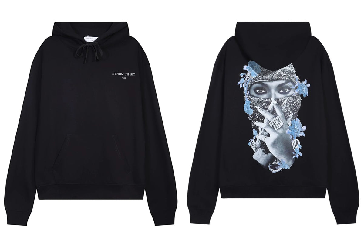 IH NOM UH NIT Blue Floral Mask Back Print Hoodie - Black