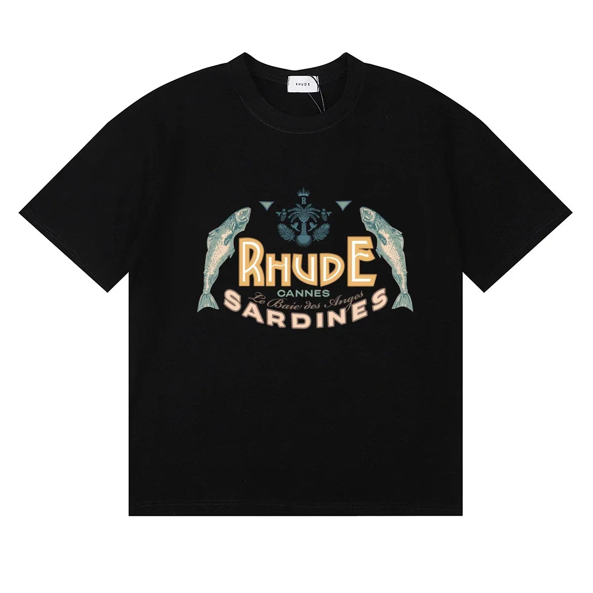Rhude Cannes Sardines Fish Retro Nautical Black Oversized T‑Shirt