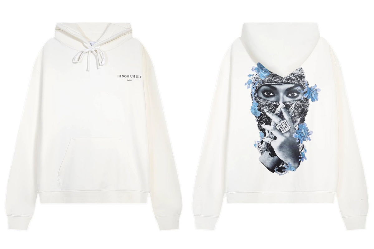 IH NOM UH NIT Blue Floral Mask Back Print Hoodie - Off-White